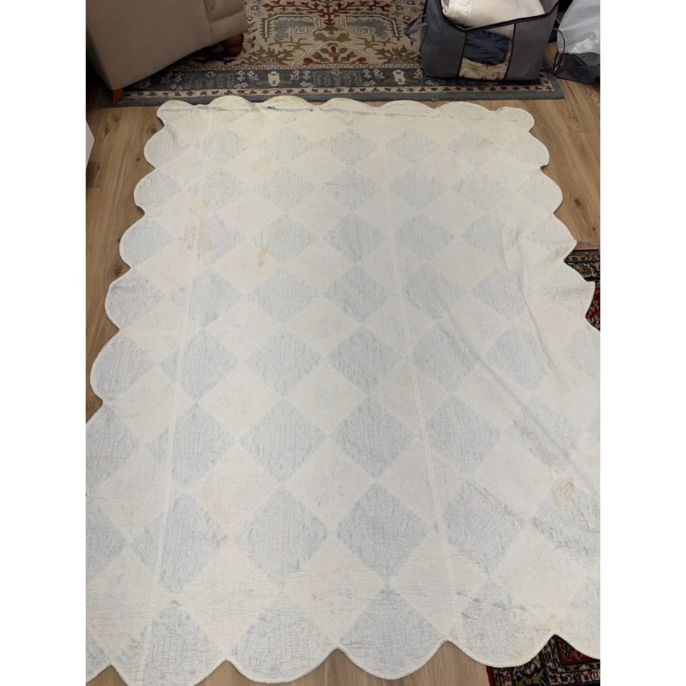 Vintage 48 State Embroidered Quilt 1930s Blue White Hand Quilted Scalloped Edge